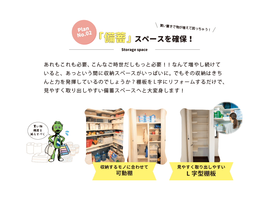 あれもこれも必要、こんなご時世だしもっと必要！！なんて増やし続けていると、あっという間に収納スペースがいっぱいに。でもその収納はきちんと力を発揮しているのでしょうか？棚板をL字にリフォームするだけで、見やすく取り出しやすい備蓄スペースへと大変身します！
