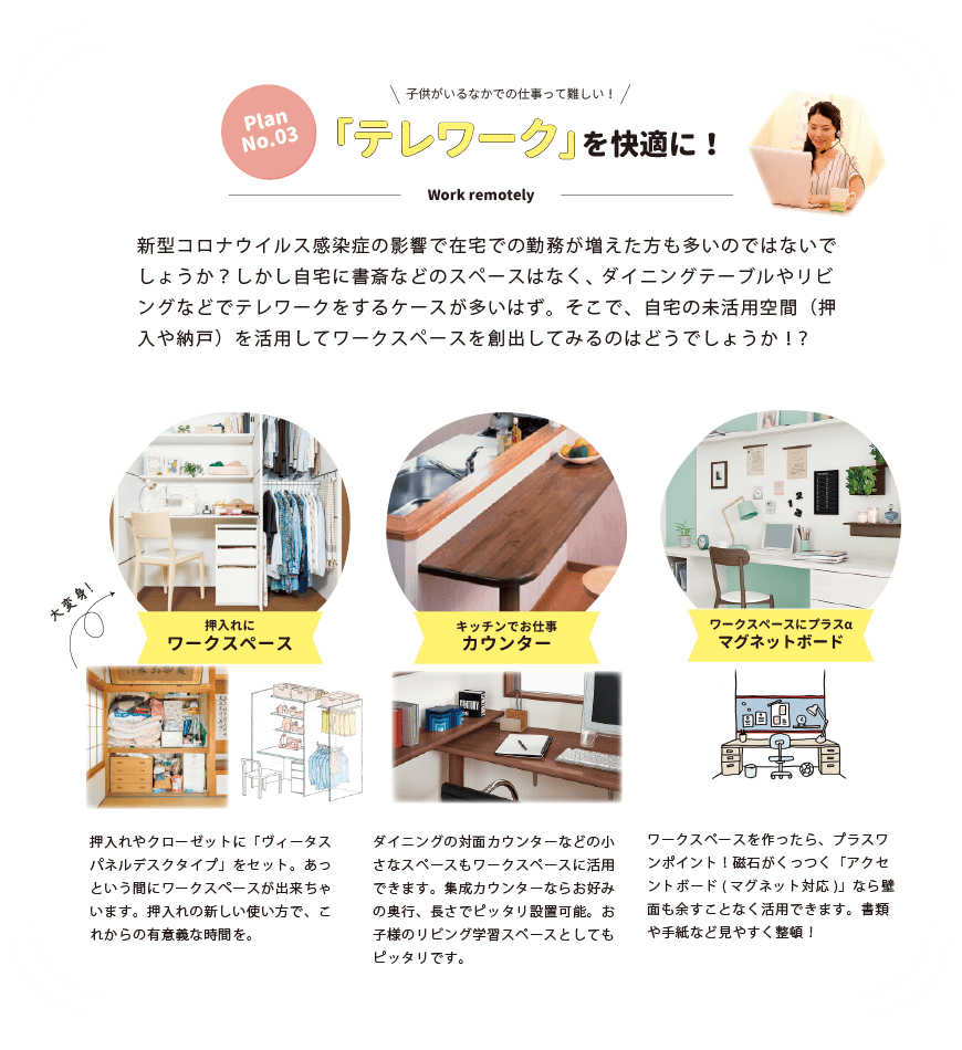 新型コロナウイルス感染症の影響で在宅での勤務が増えた方も多いのではないでしょうか？しかし自宅に書斎などのスペースはなく、ダイニングテーブルやリビングなどでテレワークをするケースが多いはず。そこで、自宅の未活用空間（押入や納戸）を活用してワークスペースを創出してみるのはどうでしょうか！？